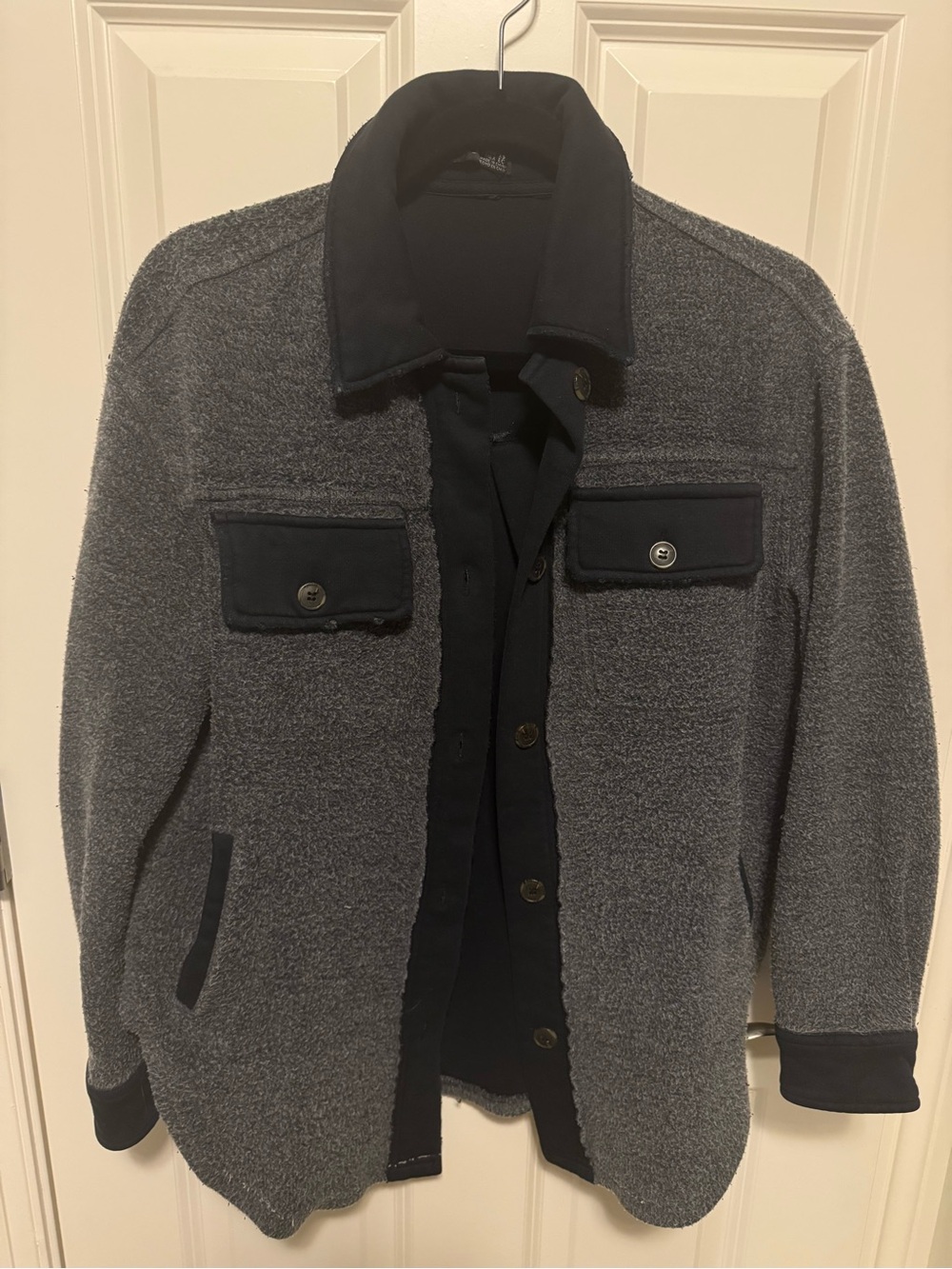 Black Tape Distressed Gray Sherpa Button-Up with Black Trim